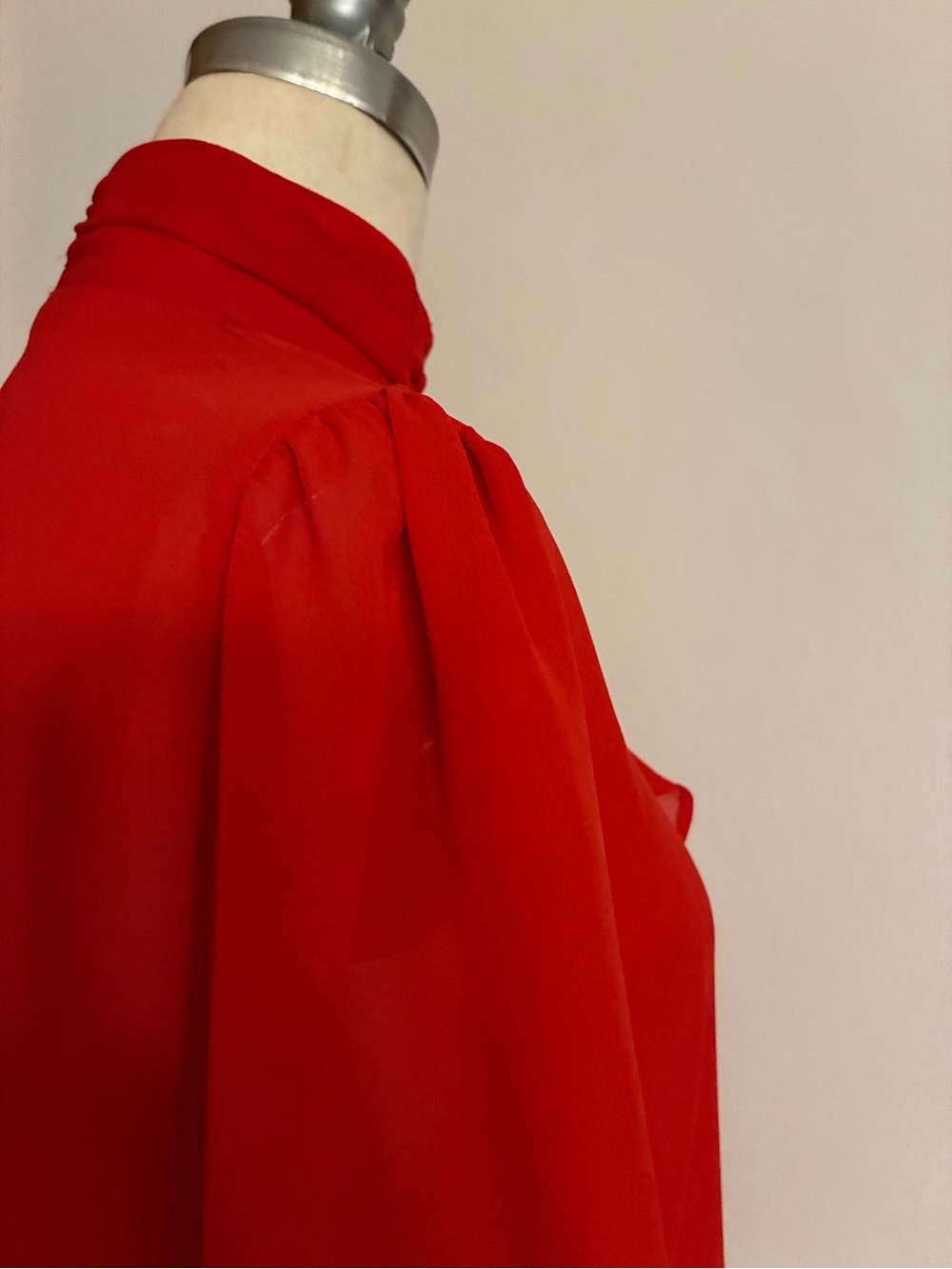 Ellen Ashley Red Ruffle Front High-Neck Blouse Sheer “Secretary” Style 70s 80s - Picture 6 of 7